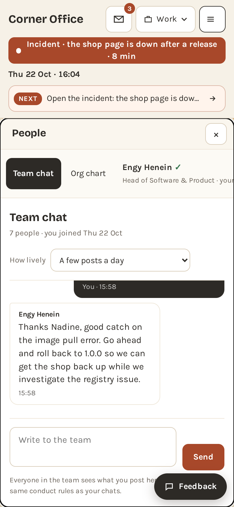 The team chat on a phone during the outage: the end of the candidate's update and the manager's reply agreeing to roll back.