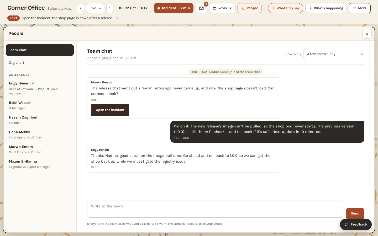 The team chat during the outage: the CFO says the shop page doesn't load, the candidate replies with what they found and when they'll update, and the manager thanks them and agrees to roll back.