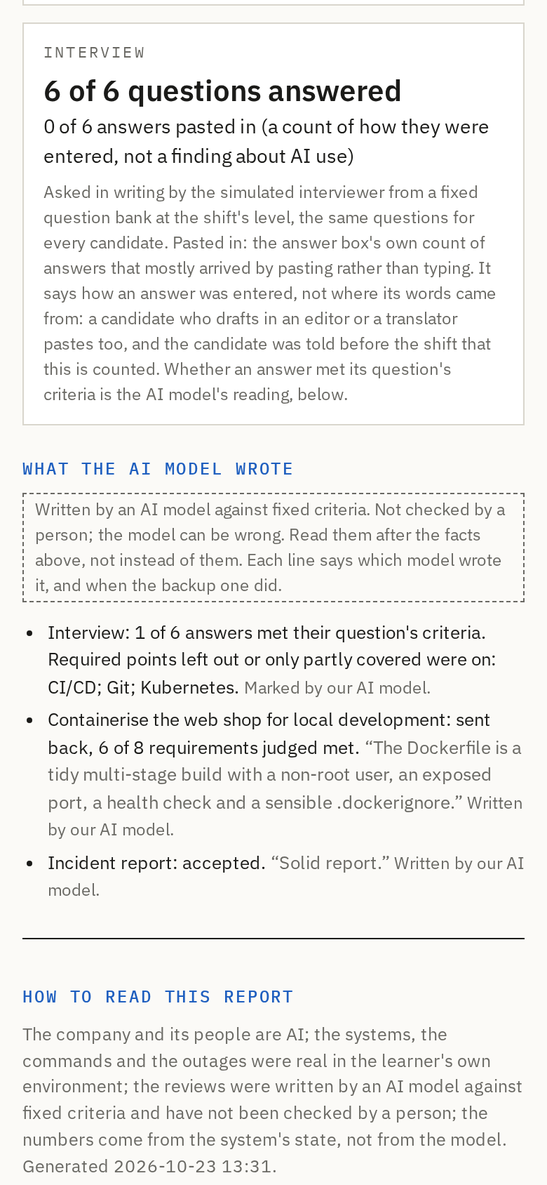 The interview card of the report on a phone: 6 of 6 questions answered, 0 of 6 pasted in.