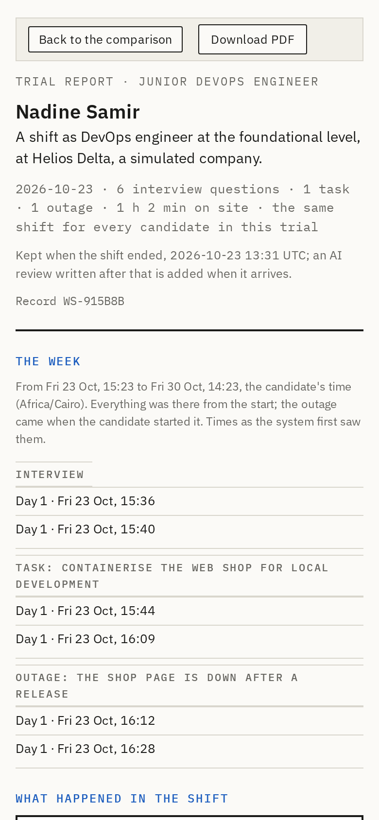 A trial report's top on a phone: the made-up candidate Nadine Samir, the shift in one line, and the week.