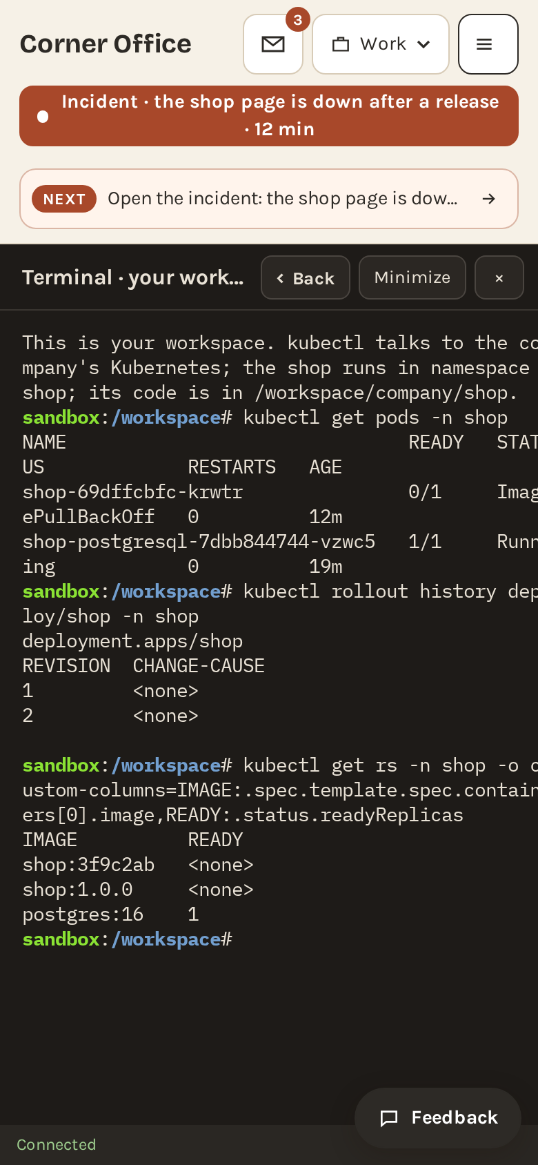 The candidate's terminal on a phone under the red incident banner, with kubectl output showing the shop pod stuck in ImagePullBackOff, two releases in the history, and two shop images.