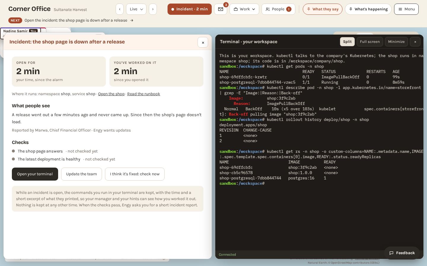 An incident window: the brief, the shop page is down after a release, beside the candidate's terminal with kubectl commands showing a pod stuck in ImagePullBackOff and the new image next to the previous one.
